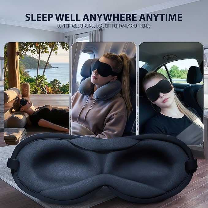 Ultra-Thin 3D Sleep Mask for Side & Back Sleepers, 100% Light Blocking Eye Mask for Sleep, Zero Pressure, Soft & Breathable Night Blindfold for Men & Women, Travel & Plane (Black)