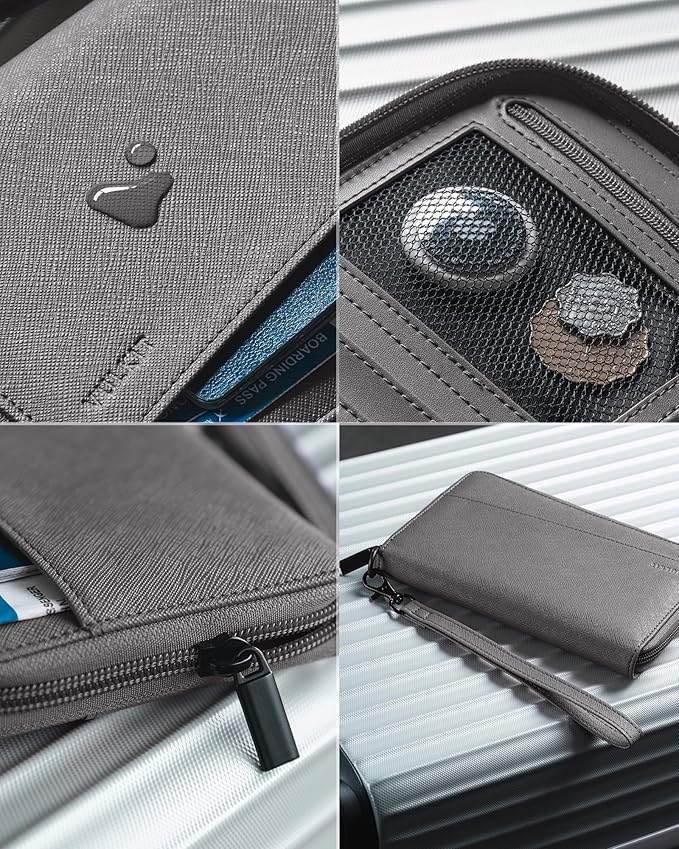 VULKIT Leather Passport Wallet RFID Blocking with Wrist Strap, Travel Document Organizer - 6 Credit Card Slots, 2 Interior + 2 Exterior Passport Slots, 2 ID Windows, Zipper Closure, Grey