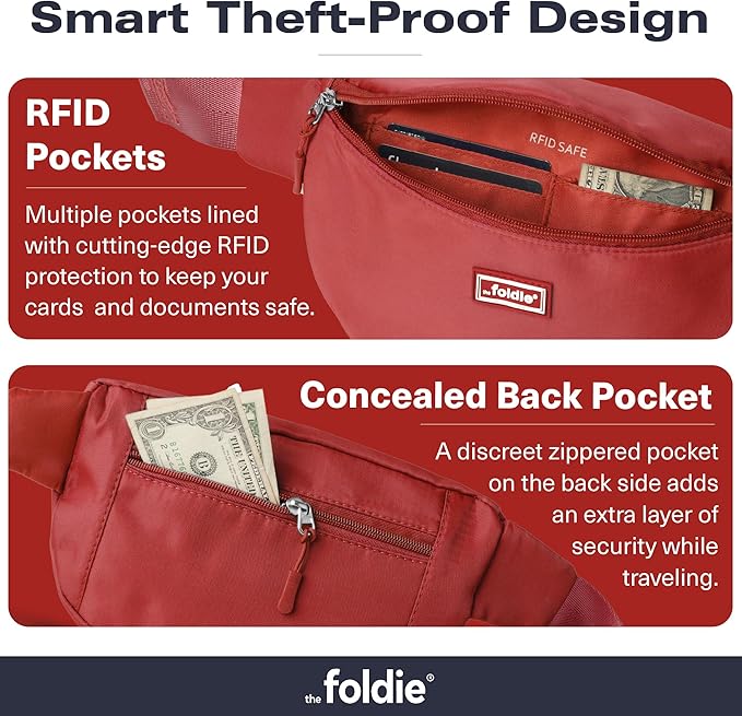 The Foldie Foldable Crossbody Bags for Women & Men - Anti-Theft RFID-Safe Fanny Pack with Smart Lockable Zippers and Cut-Resistant Strap - Lightweight Waist Pack for Travel & Everyday Use - Red