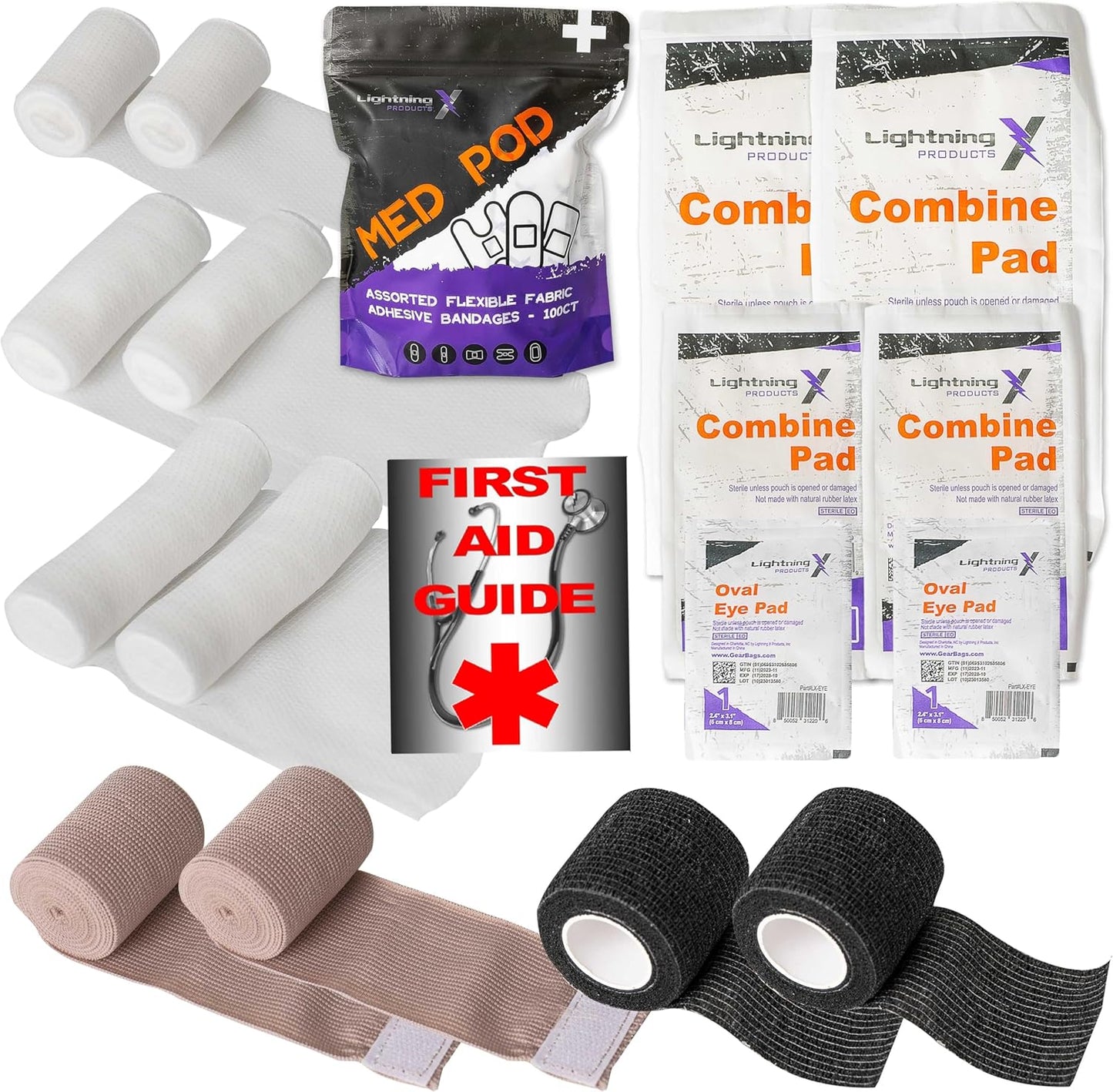Lightning X EMS/EMT Premium Medical Gauze Bandage Refill Kit for First Responder First Aid Kit + 30 Assorted Fabric Adhesive Bandages