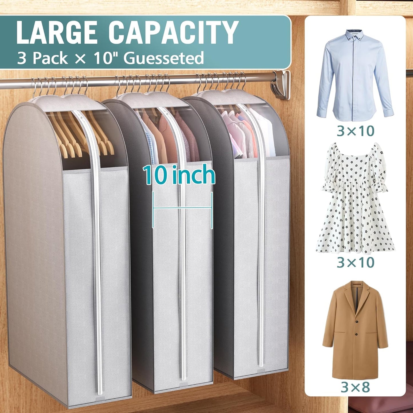 10" Gusseted Garment Bags for Hanging Clothes with Clear Window 50" Suit Bags for Open Closet Storage, Clothing Cover for Coat, Dress, Jacket, Shirt, Fur Wardrobe Protector, 3 Packs