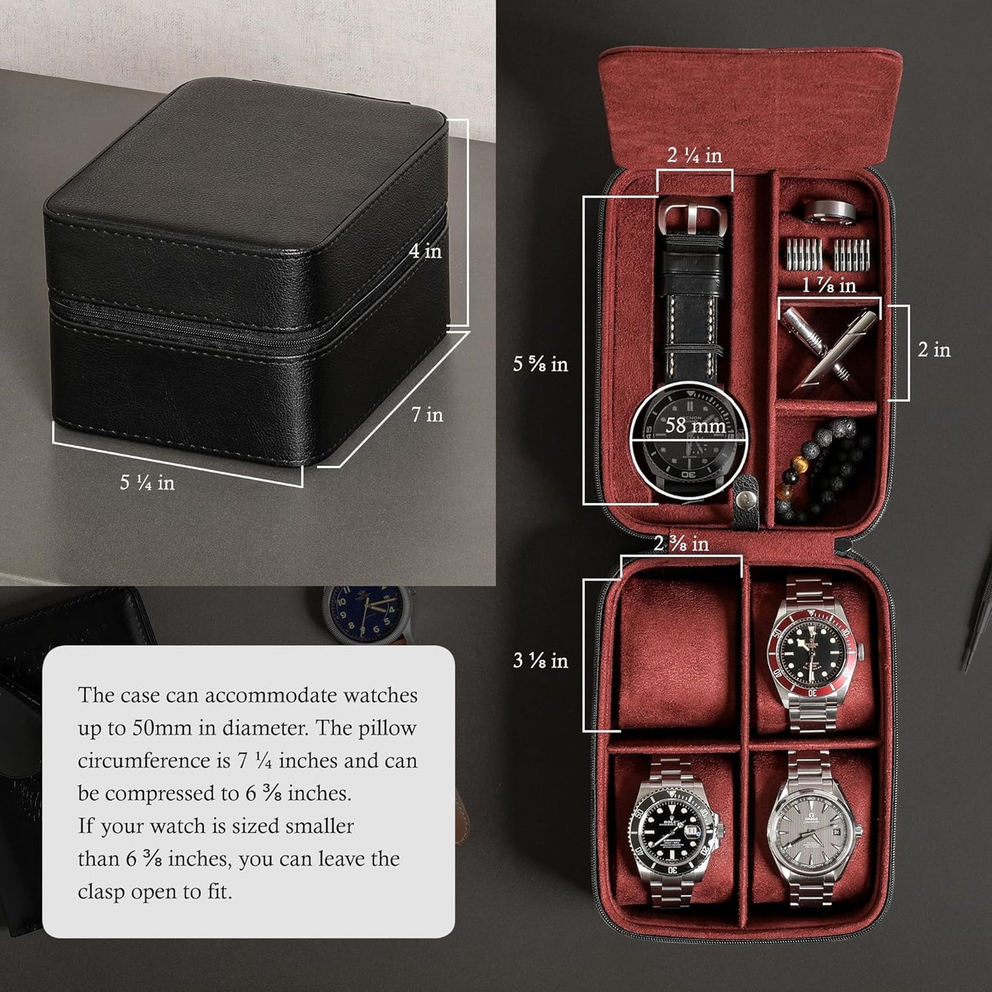 ROTHWELL 5 Watch Travel Case Storage Organizer for 5 Watches | Tough Portable Protection w/Zipper Fits All Wristwatches & Smart Watches Up to 50mm (Black/Red)
