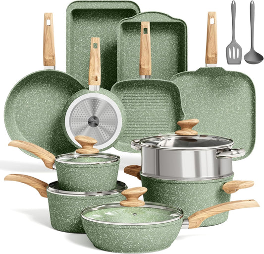 MAISON ARTS 17 Piece Pots and Pans Set Non Stick, Kitchen Cookware Sets with Nonstick Granite Stone Coating, Suitable for Induction Cooktops, Green