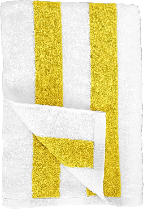 Amazon Basics 100% Cotton Beach Towel, Soft & Absorbent, Fast Drying, Cabana Stripe, Large 30" x 60", Yellow, 2-Pack