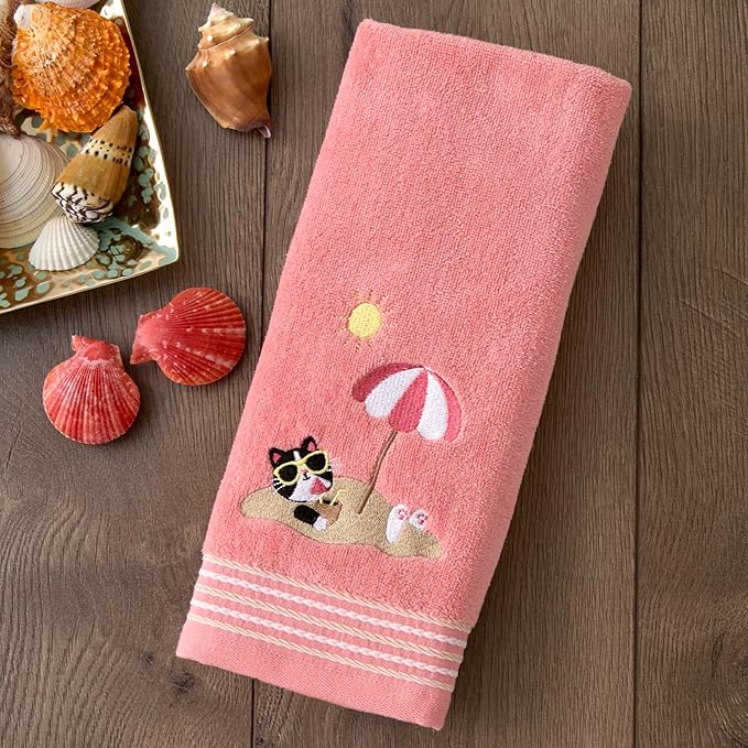 SKL Home Buried Cat Hand Towel 2pc Set for Bath/Kitchen/Bar & Gift, Coral Pink