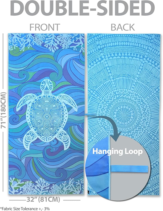 Microfiber Beach Towel Oversized 71X32" Thin, Reversible, Large, Lightweight, Quick Dry, Sand Free, Absorbent, Swim, Pool, Cruise, Compact Travel Towel, Camping, Beach Blanket, Carry Bag, Turtle