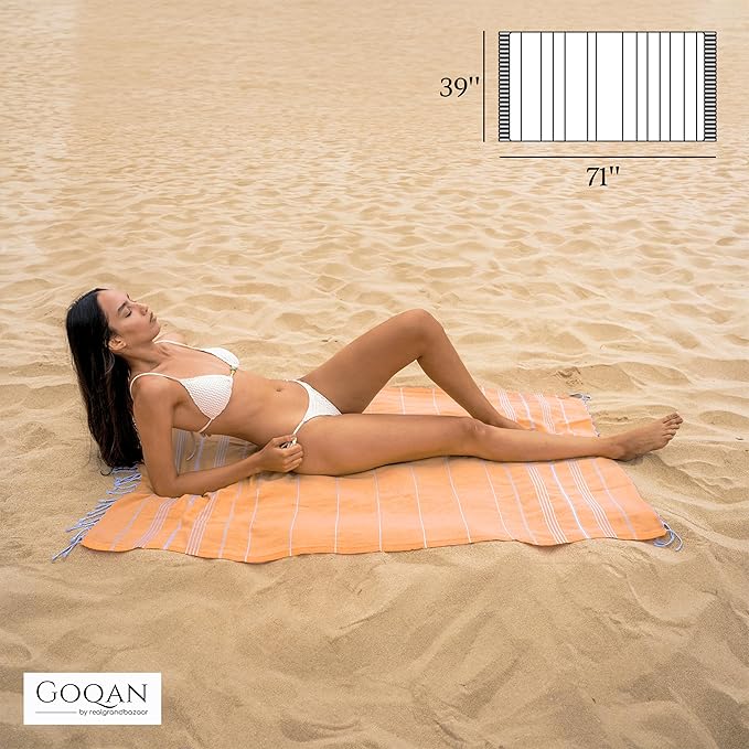 GOQAN Turkish Beach Towel Oversized 39x71 | Thin, Lightweight, 100% Cotton and Sand Free Towel is Suitable for Beach, Bathroom, Pool, Travel & Swim - Orange