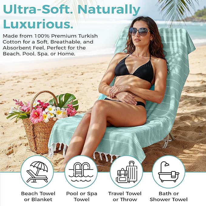 Turkish Beach Towel with Hidden Zipper Pocket 100% Cotton Oversized 72 x 37 Inches Quick Dry Sand Free Lightweight Compact for Beach, Pool, Travel, Bath, and Yoga (Light Turquoise)