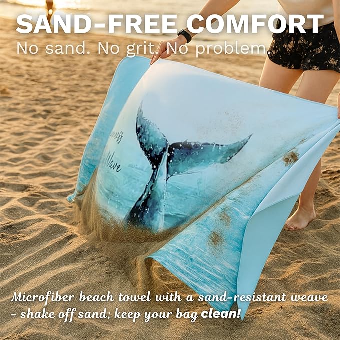 Umade Microfiber Quick Dry Towel, 59" x 29.5" - Compact Lightweight Travel/Backpack/Camping/Yoga Towels with Hanging Loop & Elastic Strap, Whale Tail Design (Aqua Blue)
