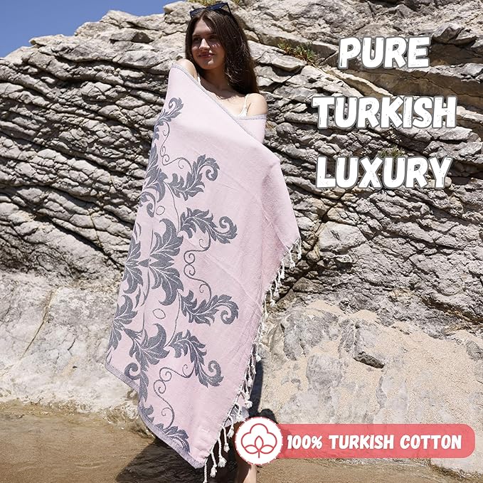 Luxurious Turkish Cotton Beach Towels Oversized (69 x 37 inch) - Sandless, Lightweight Quick Dry Beach Towel for Women- Easy to Pack, Travel Friendly -Beach Gifts for Women -, 100% Soft Cloud Cotton
