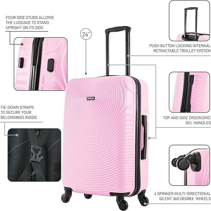 DUKAP INCEPTION Luggage with Spinner Wheels | Durable Lightweight Hardside Suitcase, Travel Bag with Handle and Trolley, 24-Inch Medium Checked Luggage | Pink