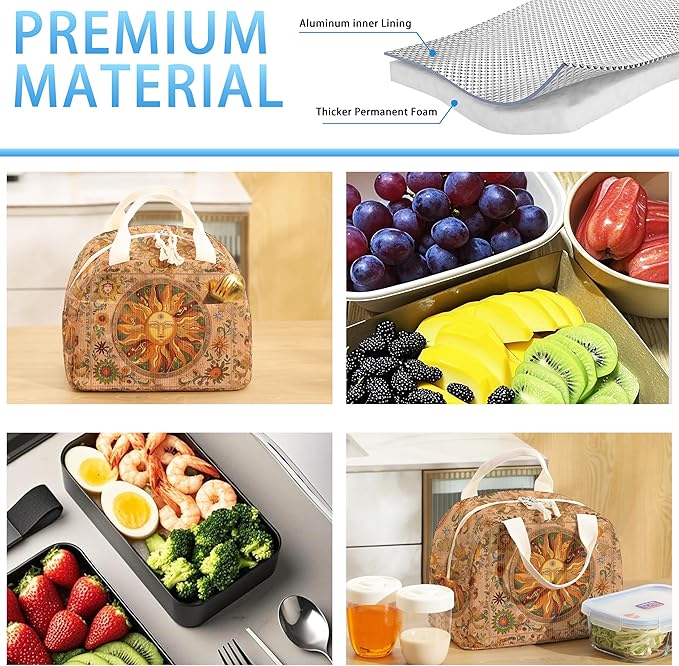 Insulated Lunch Box for Women and Men,Corduroy Lunch Bags for Work,Leakproof Adults Cooler Tote Bag for Offices,Picnic,Travel,Outdoor (Sun)