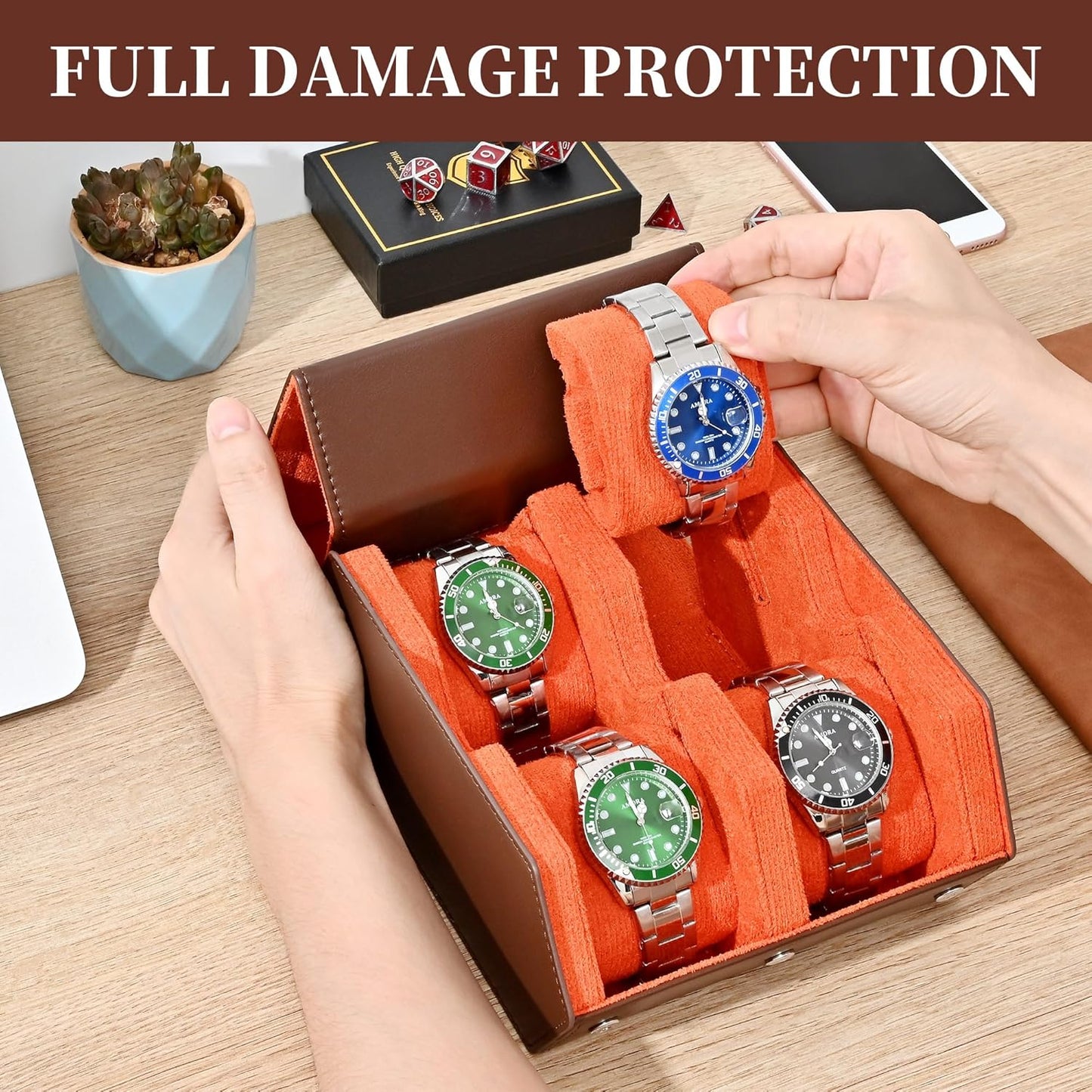 Watch Roll Travel Case for 4 Watchs Storage and Organizer,Leather Watch Box with Innovative Slide Pillows & Solid Dividers for Home, Protect and Display