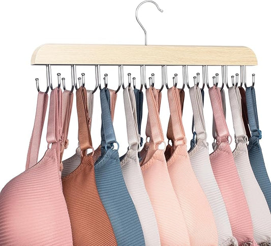 Bra Hangers for Closet Organizer,Tank Top Hanger with 20 Hooks,Space Saving Wooden Adjustable Hangers,Closet Organizers and Storage Suitable for Dorm,Apartments (1, Wood)