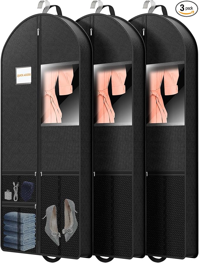 Garment Bag Travel Suit Storage: 63 Inch 3 Packs Fabric Breathable Zippered - Clothes Covers Carry Shoe Pockets Lightweight - Women Travel Wardrobe Protector Hanging Up Multiple