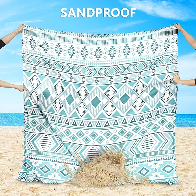 Beach Blanket Waterproof Sandproof Beach Mat for 1-8 Adults Quick Drying Durable Outdoor Picnic Mat for Beach Festival Travel Camping Hiking (Vintage-Green, 79"×83"(4 Person))