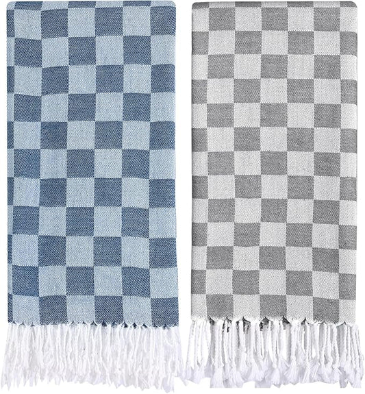 2 Packs Checkered Plaid Yoga Blanket Turkish Towel Extra Large Meditation Supplies Mat Cover Beach Blanket Women Birthday Gift for Mom Wife Sister Girlfriend Mother Adult Friend Husband Son Daughter