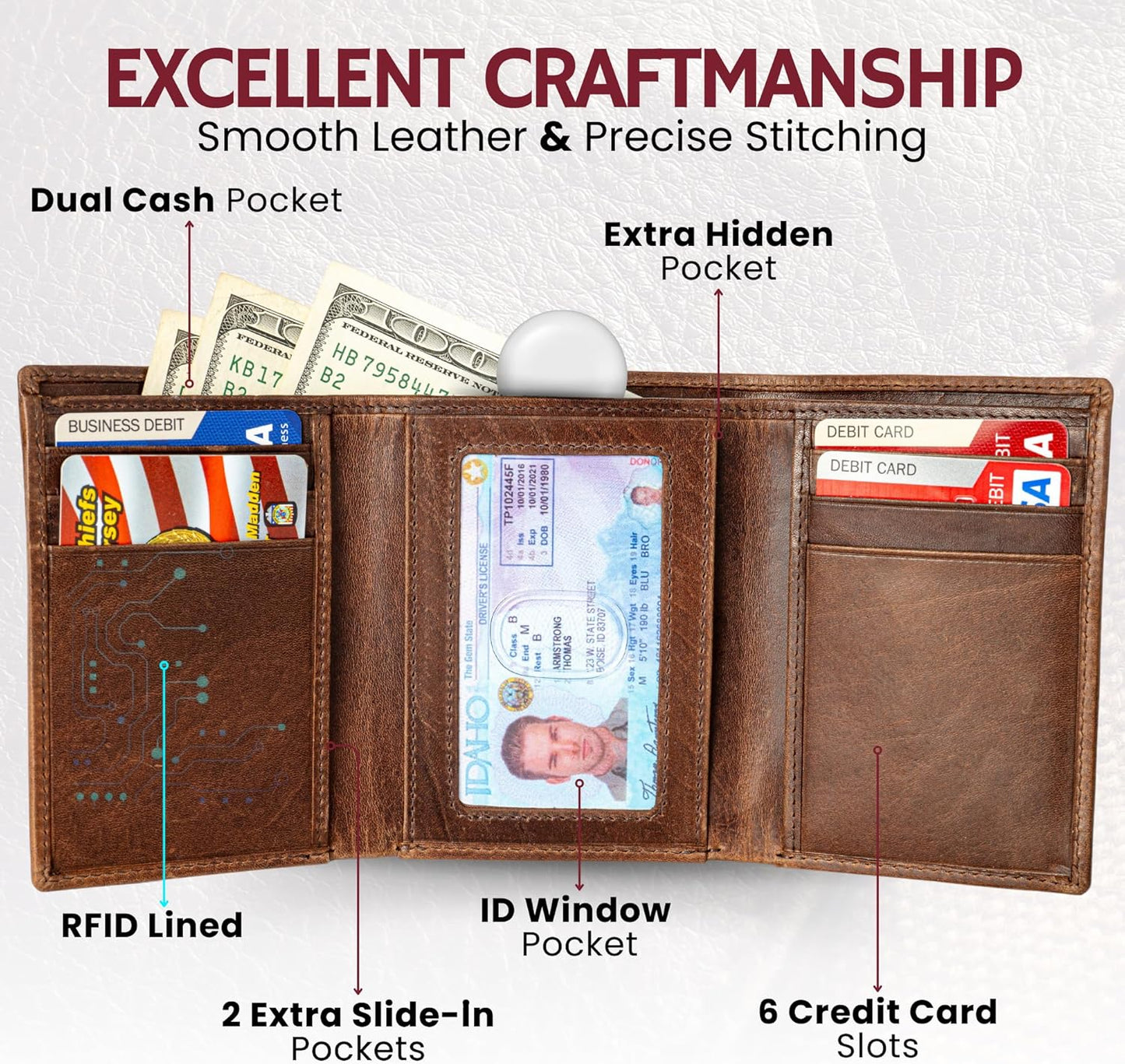 BULL GUARD Leather Trifold Wallets For Men In Grizzly Brown with ID and RFID Blocking Great For Work, Sports, Outdoors, No Logo Design