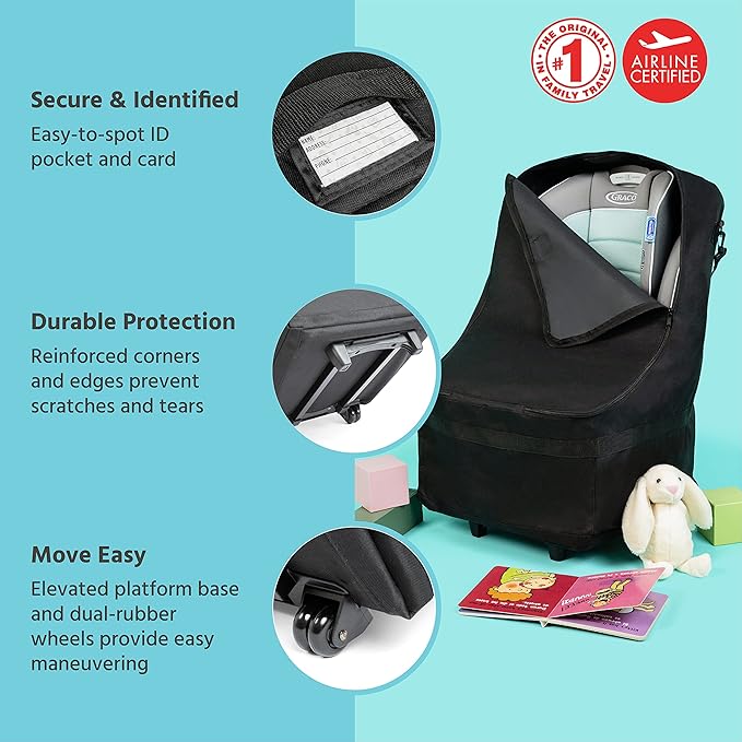 J.L. Childress Wheelie Car Seat Bag - Travel Bag for Airplane, Fits Most Baby & Infant Car Seats, Boosters, & Carriers, Airport Accessories for Gate Check or Baggage Check, Dual Rubber Wheels - Black
