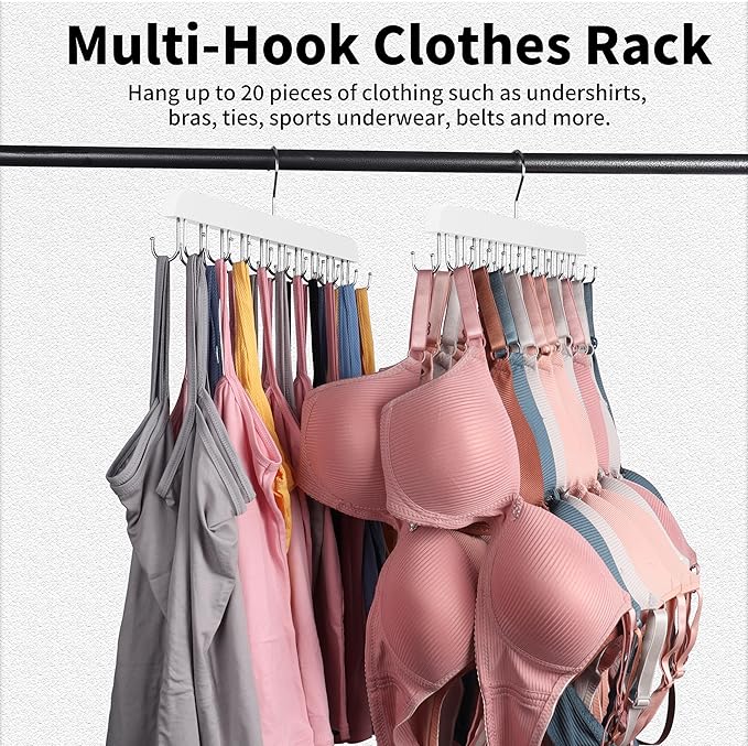 Bra Hangers for Closet Organizer,Tank Top Hanger with 20 Hooks,Space Saving Wooden Adjustable Hangers,Closet Organizers and Storage Suitable for Dorm,Apartments (2, White)