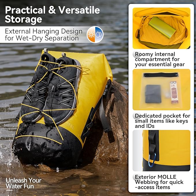 MARCHWAY Floating Roll Top Dry Bag, Flexible Lightweight TPU Waterproof Backpack 20L/30L/40L with Padded Straps for Boating, Kayaking, Swimming, Hiking, Beach (Yellow, 30L)