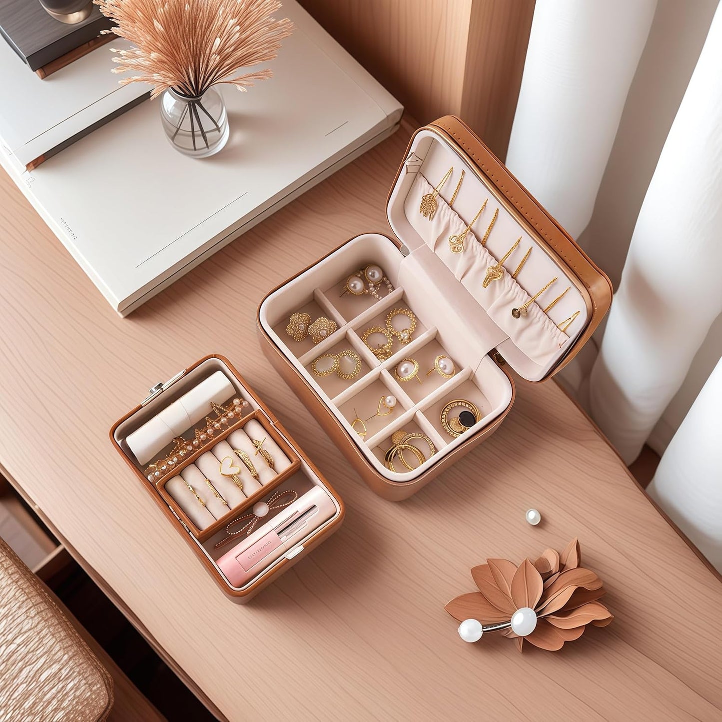 small travel jewelry case,Double Layer Travel Jewelry Box Organizer, Leather Case with Necklace Holder and Ring Storage/box organizer storage