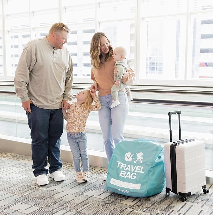 Regalo Airline Certified Travel Bag, Award Winning Brand, Durable Fabric, Univerial Gate-Check, Fits All Car Seats and Most Strollers, Turquoise,Compact Stretch Storage Pouch