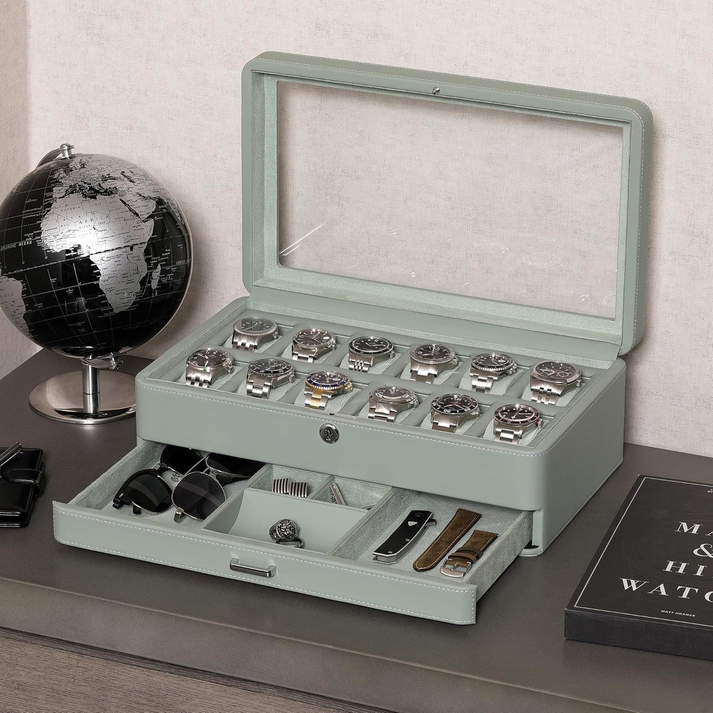 ROTHWELL Luxury Watch Box for 12 Watches – PU Leather Watch Box with Real Glass Lid – Slide out Accessory Drawer with Multiple Compartments (Seafoam)