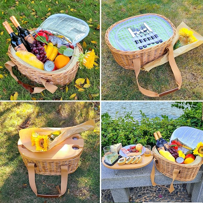 Hap Tim Wicker Picnic Basket Set for 2 with Mini Folding Wine Picnic Table & Large Insulated Cooler Bag & Cutlery Service Kits for 2 Person, Couples Gifts, Wedding Gifts (Y2209-2-GR)