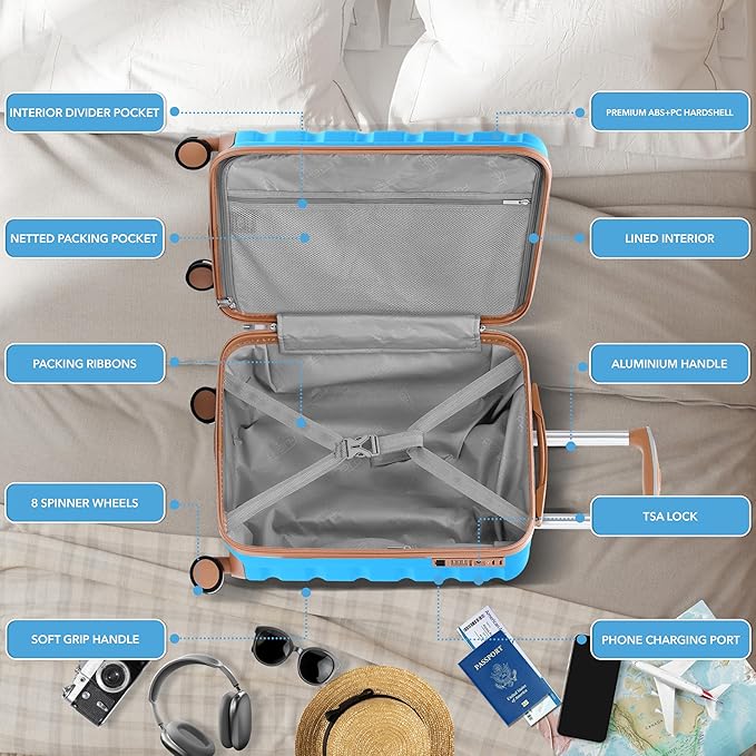 Flight Knight 21.5x15.5x9 Expandable Carry On Suitcase Hardside TSA Lock & USB C Port Lightweight Luggage Silent Double Spinner Wheels Maximum Canada Air Overhead Bag Airlines Approved Turquoise