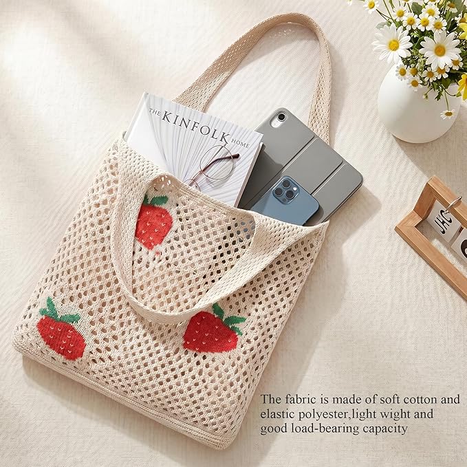 SUOSDEY Crochet Mesh Beach Tote Bag, Knit Summer Vacation Aesthetic Boho Tote Bag for Women