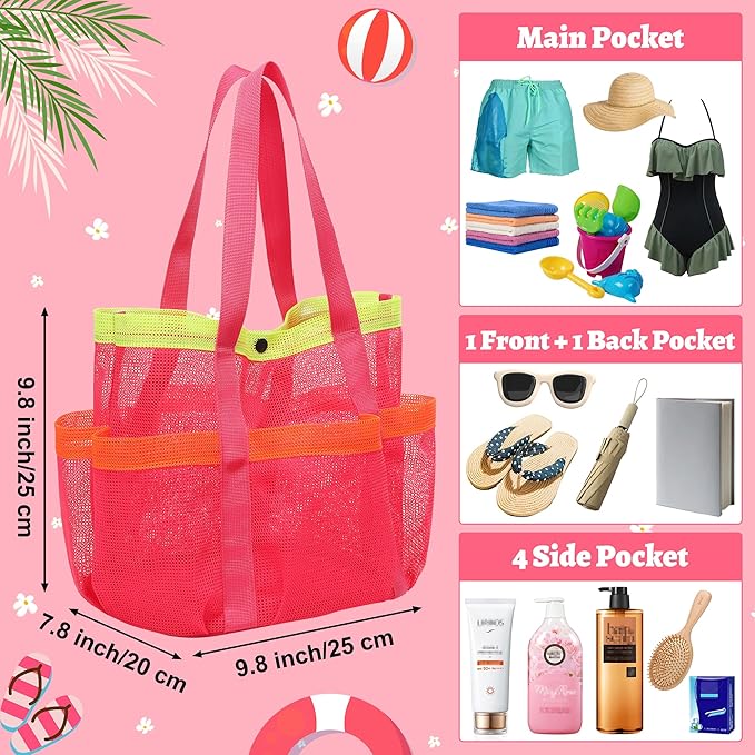 Mesh Beach Bag, Foldable Waterproof Sandproof Beach Storage Tote with 6 Pockets, Swim Tropical Vacation Pool Essential
