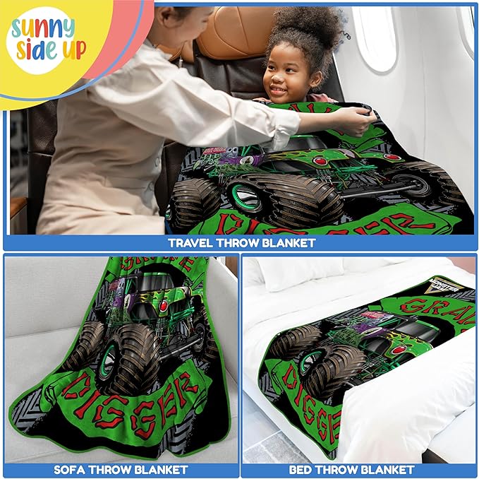 Sunny Side Up Monster Jam Plush Throw Blanket - Measures 46 x 60 Inches - Super Soft & Cozy Fleece Kids Bedding Features Grave Digger