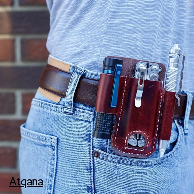 EDC Pocket Organizer For Belt (Premium Leather) - Urban Tool Holster | Multitool Sheath | Tactical Belt Knife Pouch with Belt Clip (Extra Dark Brown) by ATQANA®