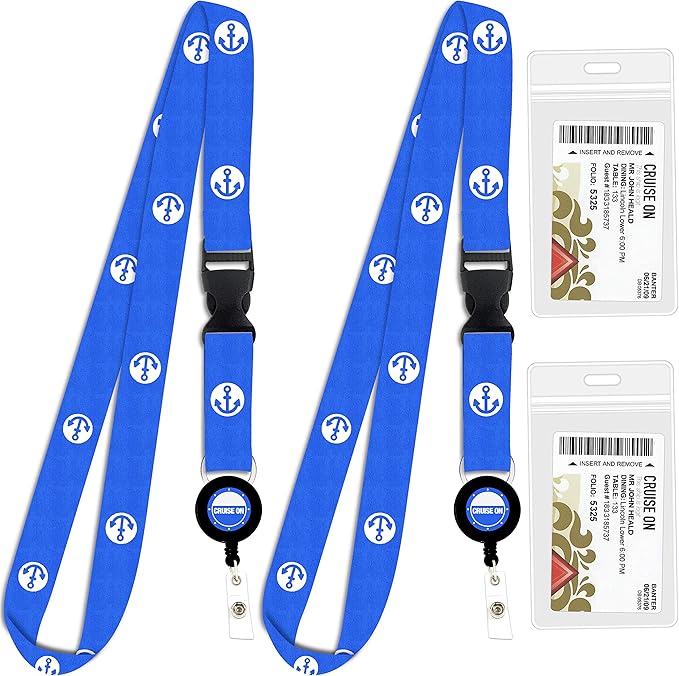 Cruise On Cruise Lanyard for Ship Cards – 2-Pack Retractable Badge & Waterproof Key Card Holder for Ship Cards – Cruise Essentials 2025-2026, Perfect for Travel & Vacation (Blue Anchor)