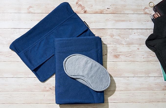 Brookstone Travel Blanket - 2-in-1 Jersey Knit Lightweight Throw Blanket with Carrying Pouch, Airplane & Car Travel Essentials, Blue