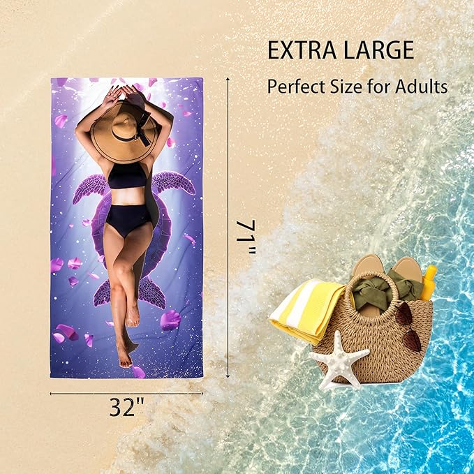 Sea Turtle Flower Oversized Sand Free Beach Towel – 71"X32" Lightweight Quick Dry Microfiber Terry Towel For Travel, Swimming, Pool, And Camping, Absorbent And Compact Beach Essential For Women Men