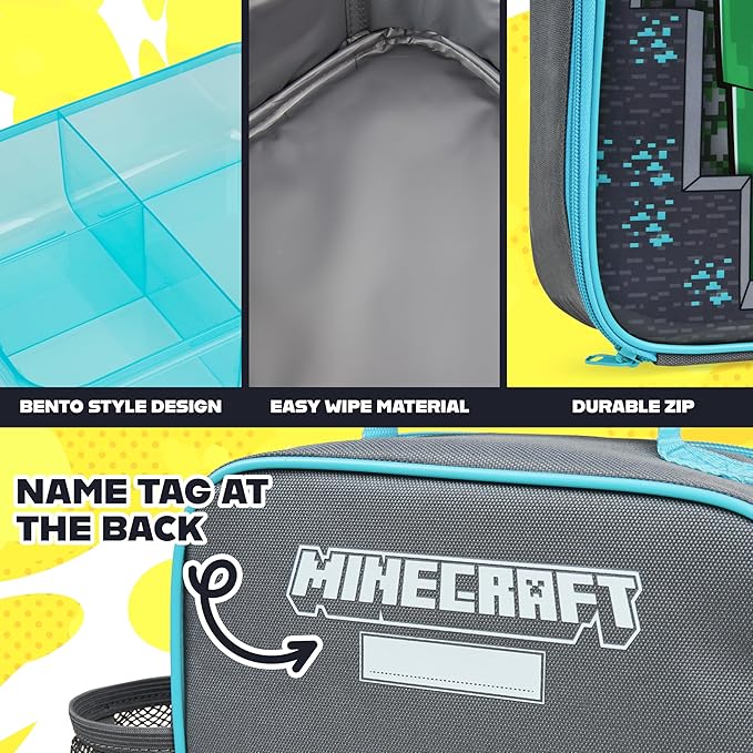 Get Trend Minecraft Lunch Bag, Lunch Box, Water Bottle for Kids 3 Piece Set Bento Box, Insulated Snack Container, Creeper Gifts for Kids (Multi Minecraft)
