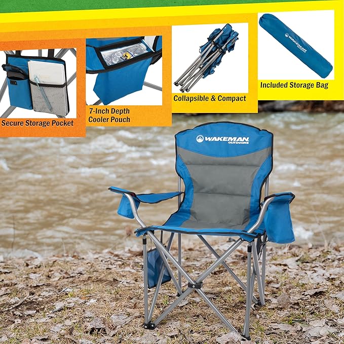Oversized Camping Chair 300lbs - Heavy Duty Folding Chair with Cooler Pouch and Carry Bag for Camp Sites, Tailgates, or Beach by Wakeman (Blue)