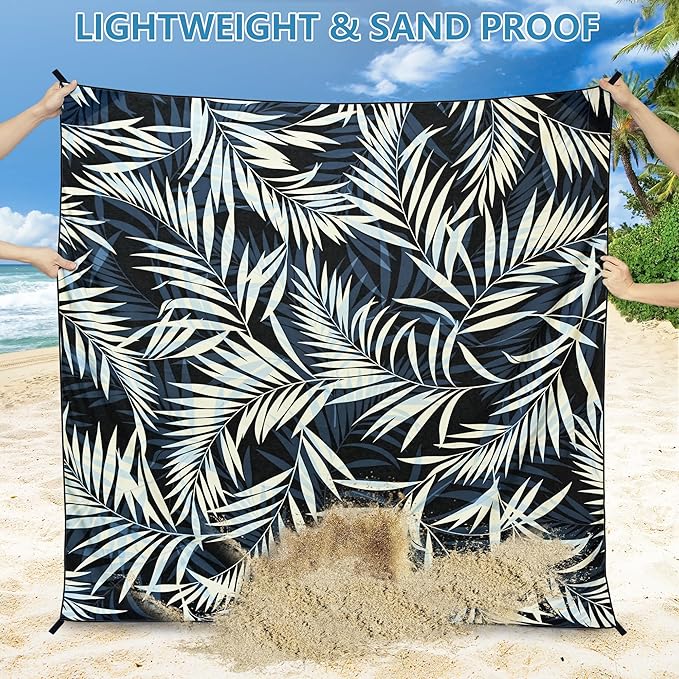 Beach Blanket Waterproof Sandproof Beach Mat 79”x 83” for 1-8 Adults Quick Drying Durable Outdoor Picnic Mat for Beach Festival Travel Camping Hiking (BK&W-Palm, 79"×83"(4 Person))