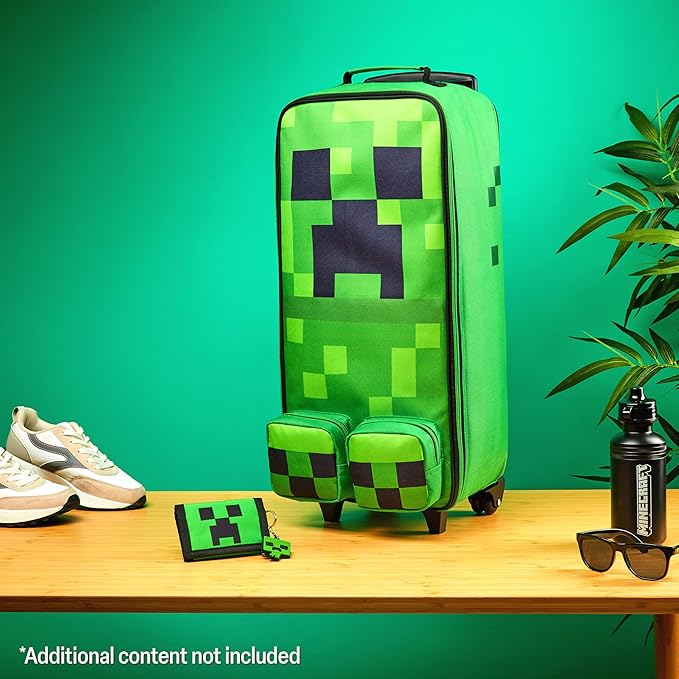 Minecraft Kids Luggage with Wheels Foldable Rolling Suitcase Creeper Travel Bag Vacation Weekend Trips Travel Essentials (L25.2inch x W9.8inch - 17L, Green)