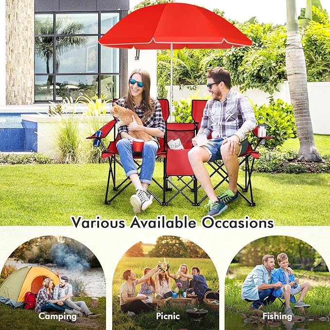 KOTEK Double Camping Chair, Folding Camp Chair with Removable Umbrella, Cup Holders, Cooler Bag, Side Pocket & Carry Bag, 2-Person Beach Chair for Outdoor, Sports, Concerts, Travel, Picnic (Red)