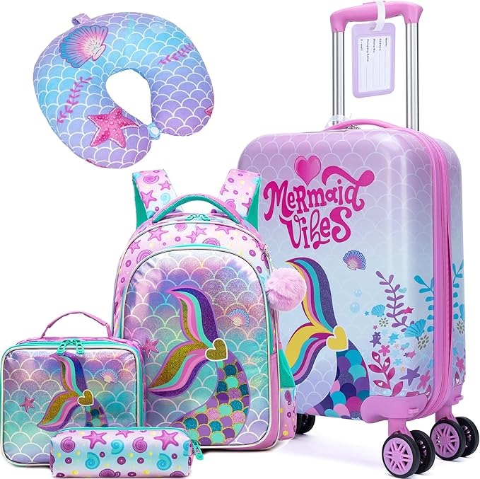Kids Mermaid Suitcase Set for Boys Hardside Luggage with Spinner Wheels 5 Piece 16inch Toddler Suitcase for Boys Travel Carry on Luggage Airline Approved