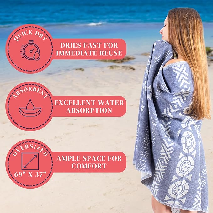 100% Cotton Quick Dry Travel Beach Towel - Large Turkish Beach Towels Oversized Sandproof (69 x 37 inch) - Fast Drying, Packable, Cloud, Sand Proof Towels for Adults – Turkish Beach Blanket, Gifts