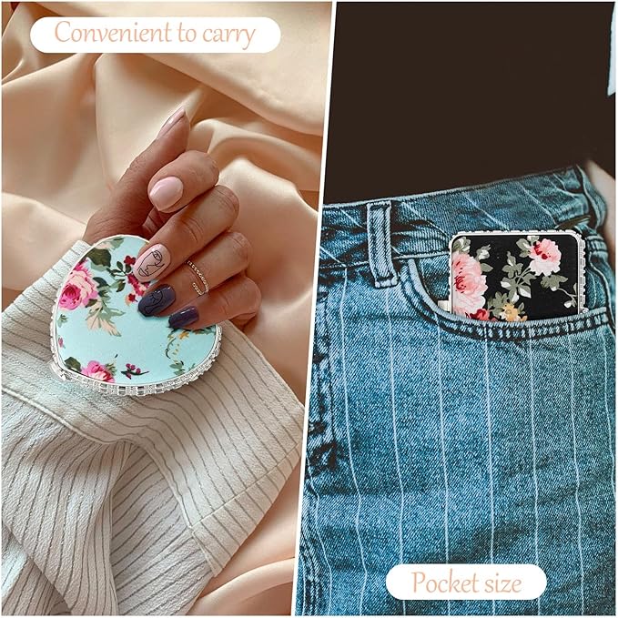 Blulu 9 Pcs Vintage Floral Compact Mirror for Purse Bulk Small Folding Pocket Mirror Portable for Women Christmas Makeup Beauty Gifts, Round Square Heart(Silver,Peony Pattern)