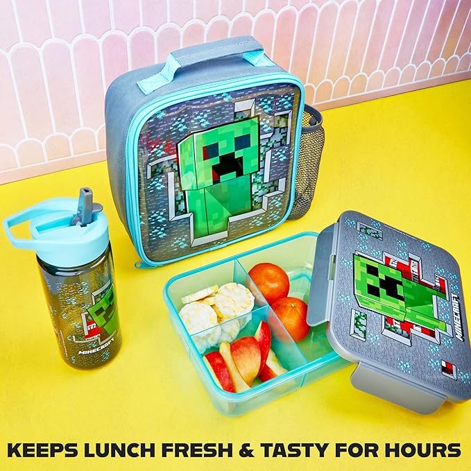 Get Trend Minecraft Lunch Bag, Lunch Box, Water Bottle for Kids 3 Piece Set Bento Box, Insulated Snack Container, Creeper Gifts for Kids (Multi Minecraft)