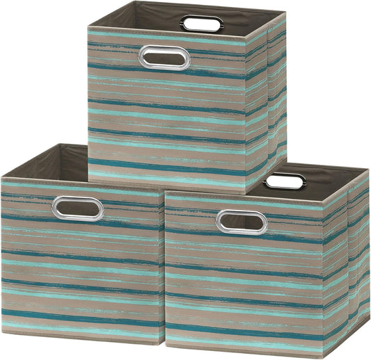 SIMPLE HOUSEWARE 13-Inch Collapsible Fabric Cube Storage Bin with Handles, Printed Design, 3 Pack, Green