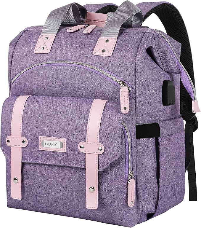 FALANKO Laptop Backpack for Women, Anti Theft Backpacks with USB Charging Port RFID Anti Theft Water Resistant,Wide Top Open Work Teacher College Travel Computer Bag for Woman Fits 15.6 Inch Laptop