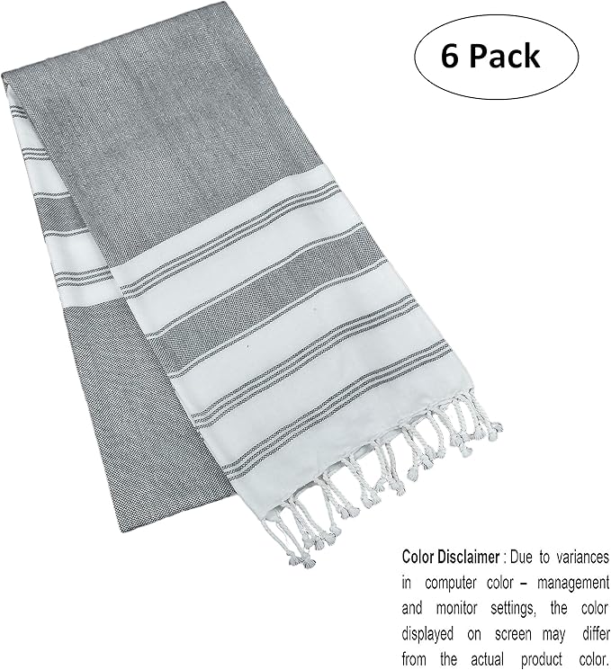 GLAMBURG Peshtemal Turkish Towel - Beach Towels Oversized 36x71 Set of 6, Soft Durable Absorbent Extra Large Bath Sheet Hammam Towel for Adults - Charcoal Grey