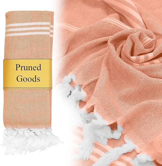 Turkish Beach Towel with Hidden Zipper Pocket 100% Cotton Oversized 72 x 37 Inches Quick Dry Sand Free Lightweight Compact for Beach, Pool, Travel, Bath, and Yoga (Light Orange)